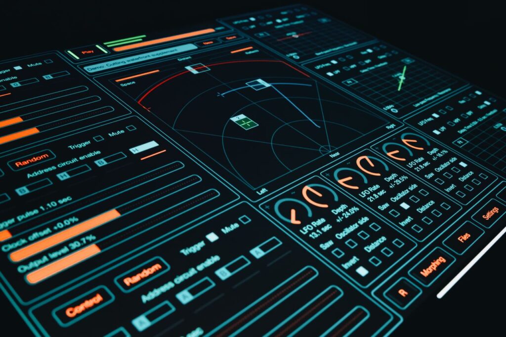 Dynamic digital interface showcasing technology with interactive design elements and controls.